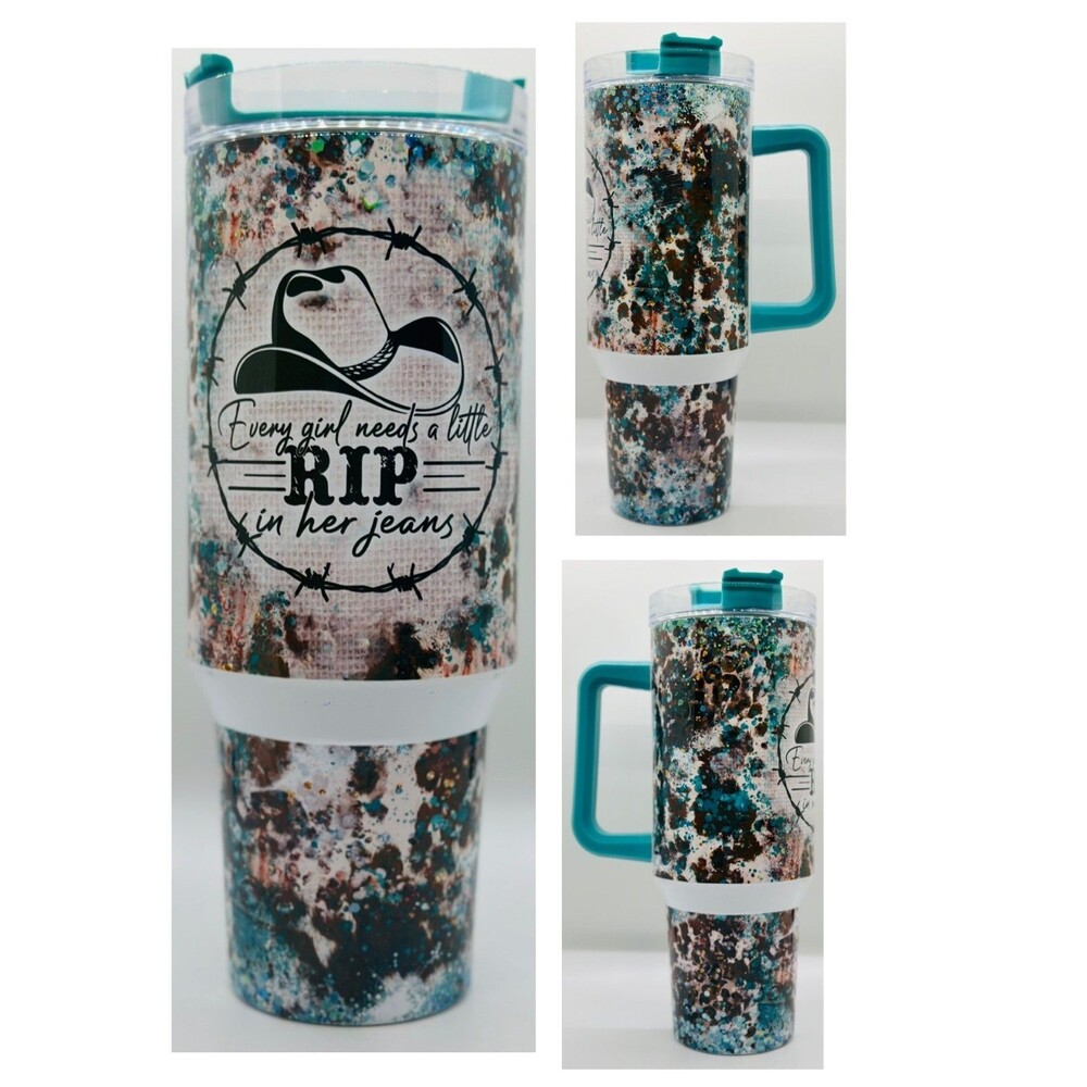 "Yellowstone-Rip in Jeans" NEW 40 oz. Stainless Steel Tumbler w/Handle & Straw